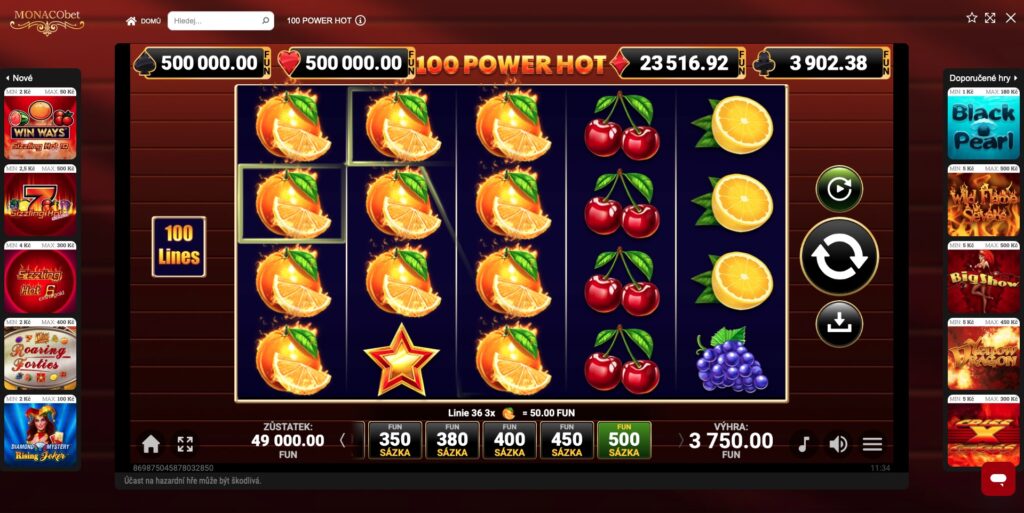 Výherní kombinace hořících pomerančů v online automatu 100 Power Hot se 100 výherními liniemi