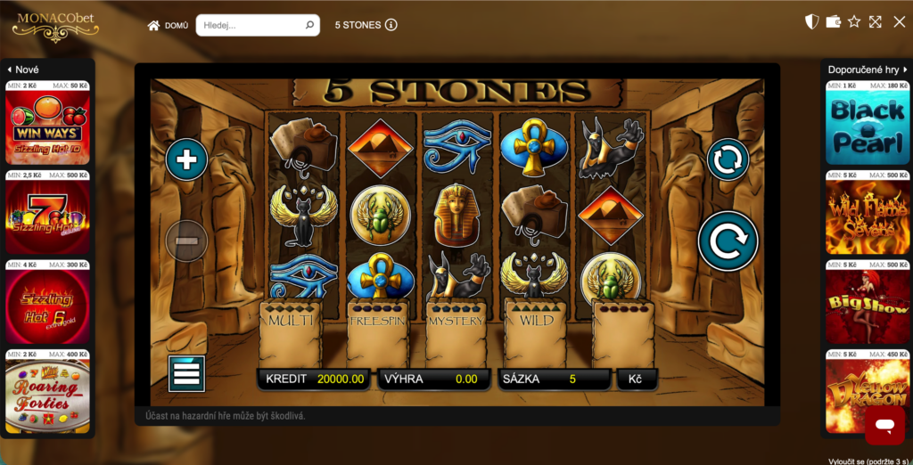 5 Stones v online kasinu MONACObet s egyptskými symboly a bonusovými kameny