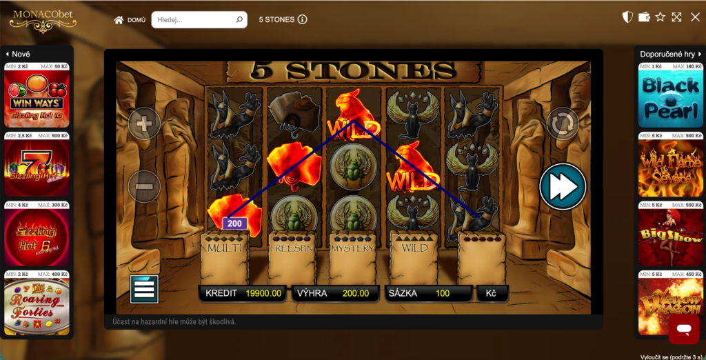 Výhra 200 Kč ve hře 5 Stones v online kasinu MONACObet