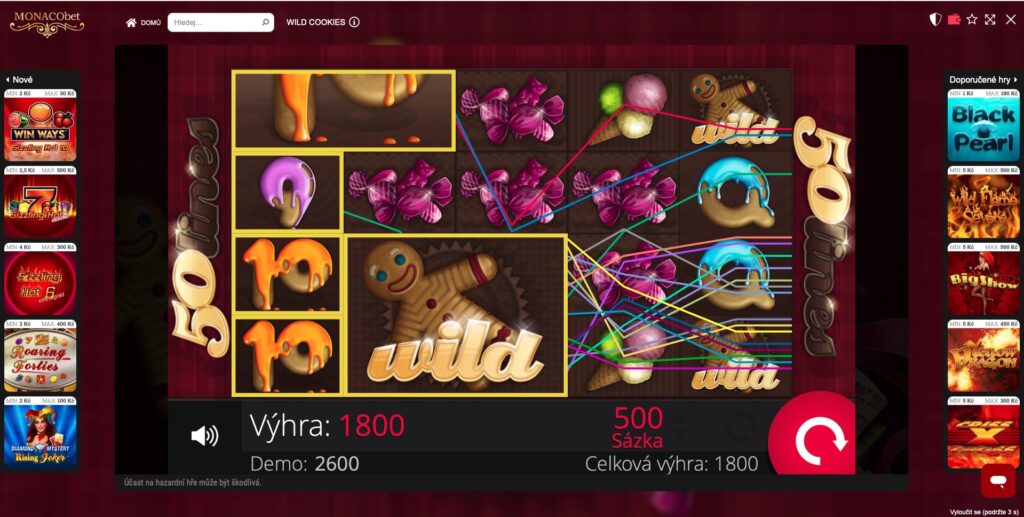 Výhra 1 800 Kč v online automatu Wild Cookies s velkým symbolem Wild