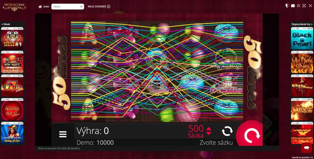 Výherní linie online automatu Wild Cookies od E-gaming se sušenkami a sladkostmi