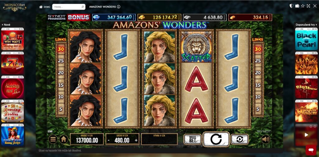 Herní válce automatu Amazons’ Wonders od SYNOT Games s bojovnicemi a symbolem Scatter