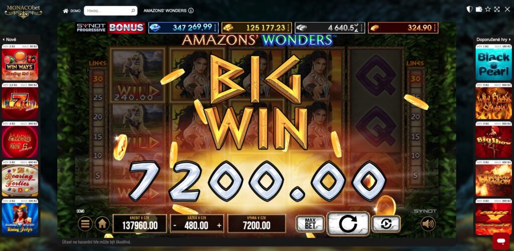 Big win 7 200 Kč v online automatu Amazons’ Wonders od SYNOT Games