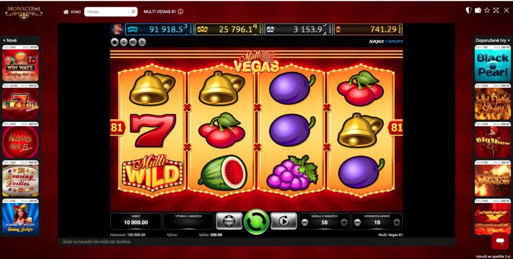 Herní automat Multi Vegas 81 od Kajot Games s ovocnými symboly, zvony a symbolem Multi Wild